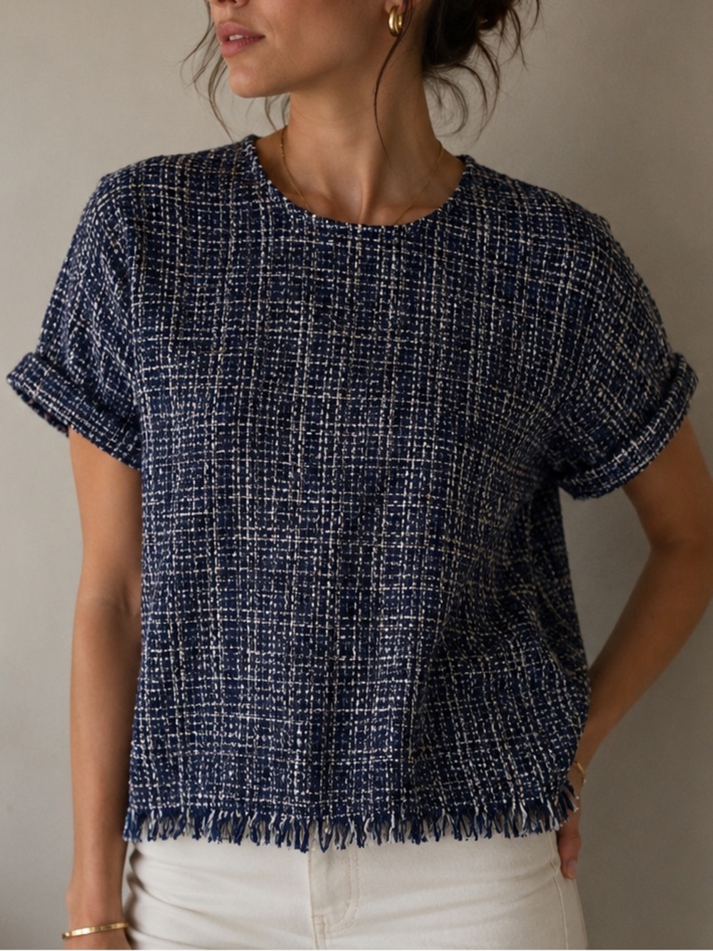 Jade Melody Tam Tweed Fringe Top Navy White‎ Size XS French Parisian Old Money